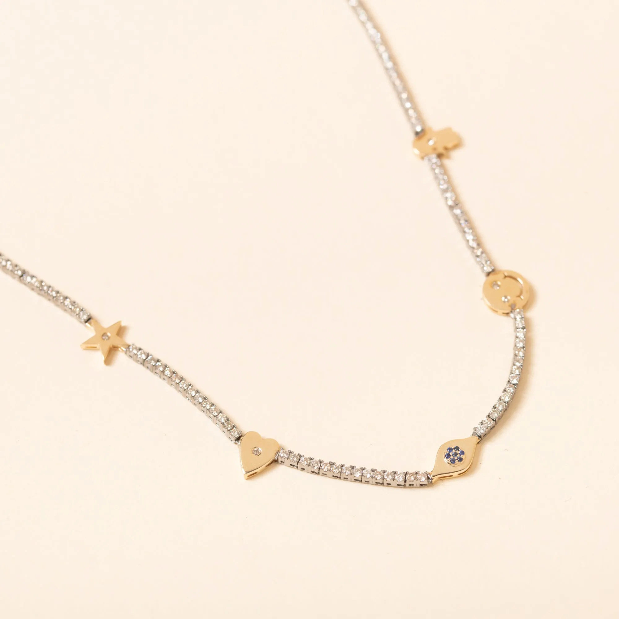 16'' Petite Oxidized Silver and Diamond Necklace with Gold Charms