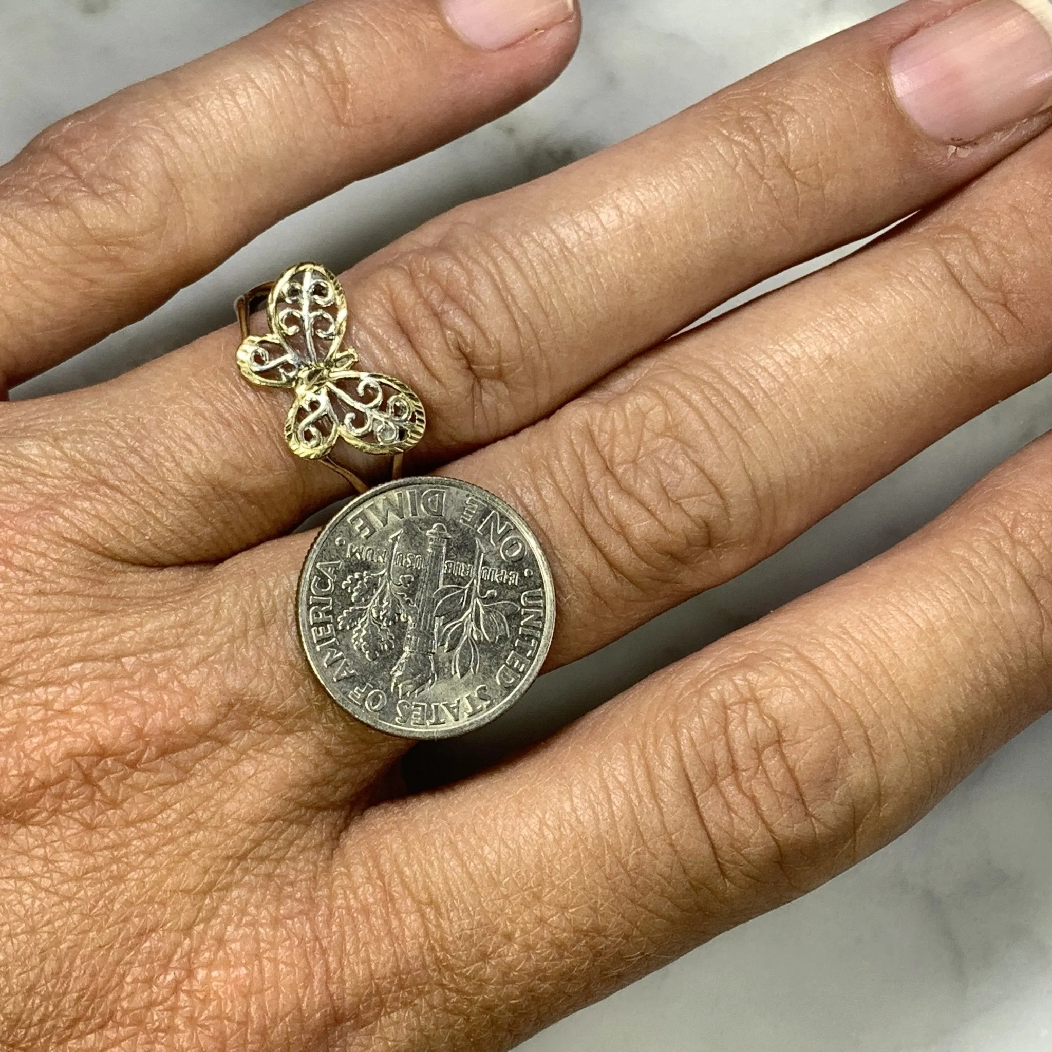 1970s Gold Butterfly Ring in 10K Yellow and White Gold. Would Make a Wonderful Graduation Gift.