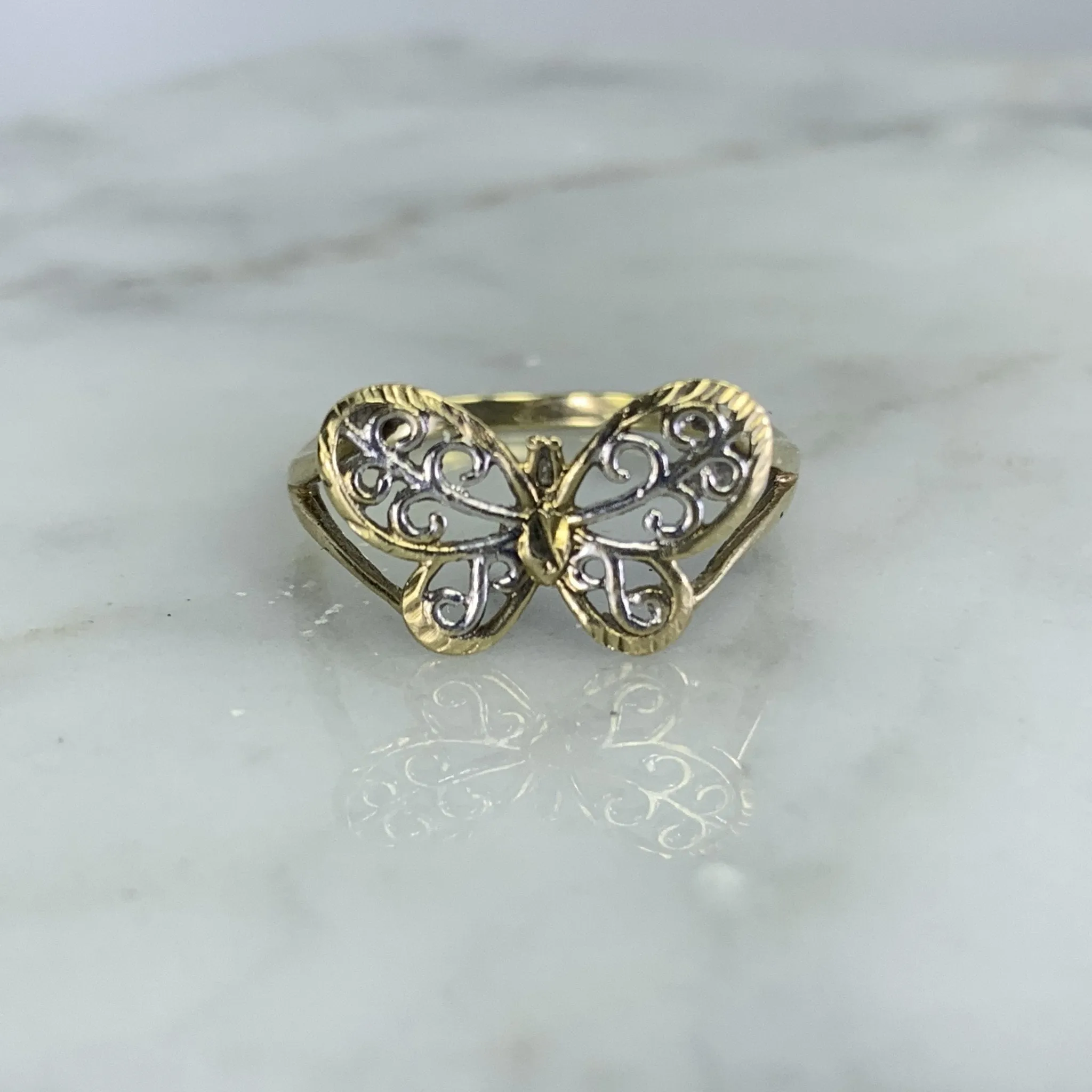 1970s Gold Butterfly Ring in 10K Yellow and White Gold. Would Make a Wonderful Graduation Gift.