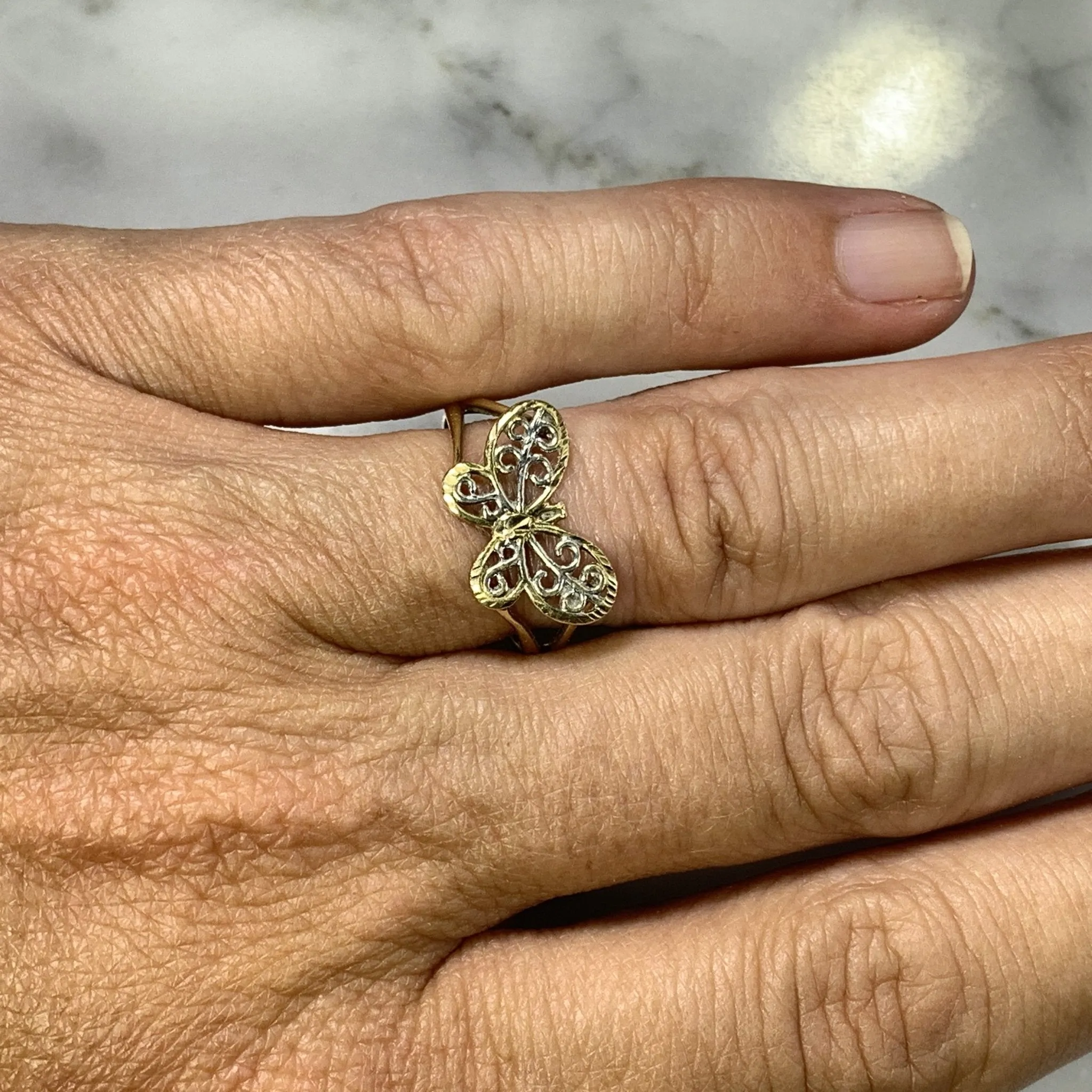 1970s Gold Butterfly Ring in 10K Yellow and White Gold. Would Make a Wonderful Graduation Gift.