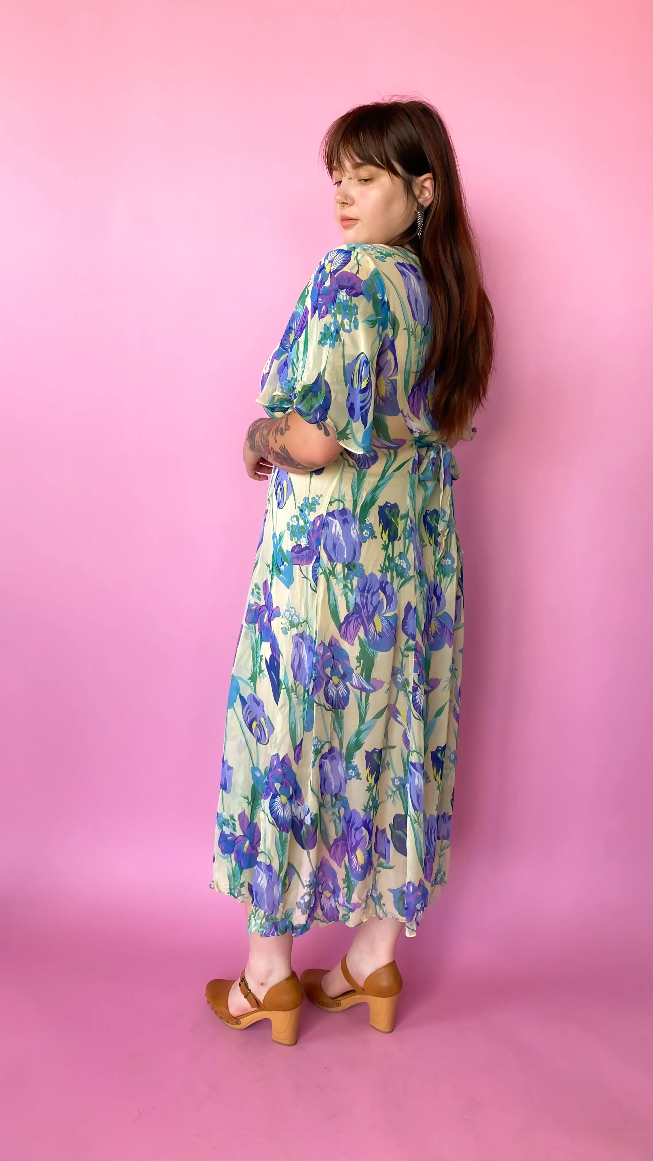 1990s Sheer Green Floral Maxi Dress, sz. 2XL