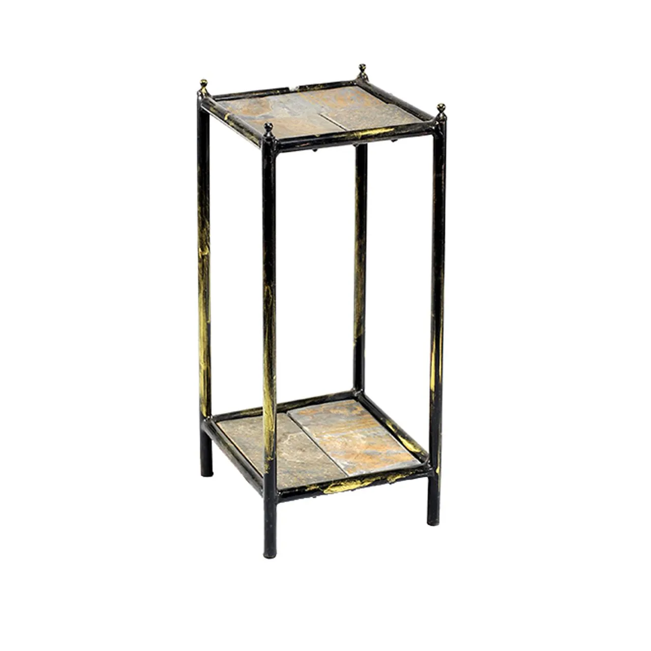 2 Tier Square Stone Top Plant Stand With Metal Frame, Small, Black And Gray By Benzara