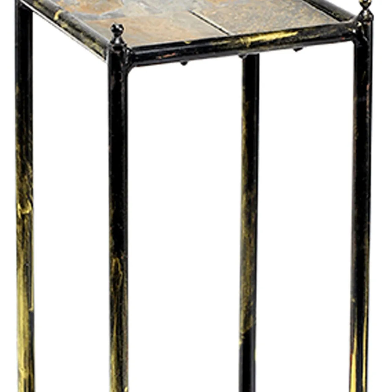 2 Tier Square Stone Top Plant Stand With Metal Frame, Small, Black And Gray By Benzara