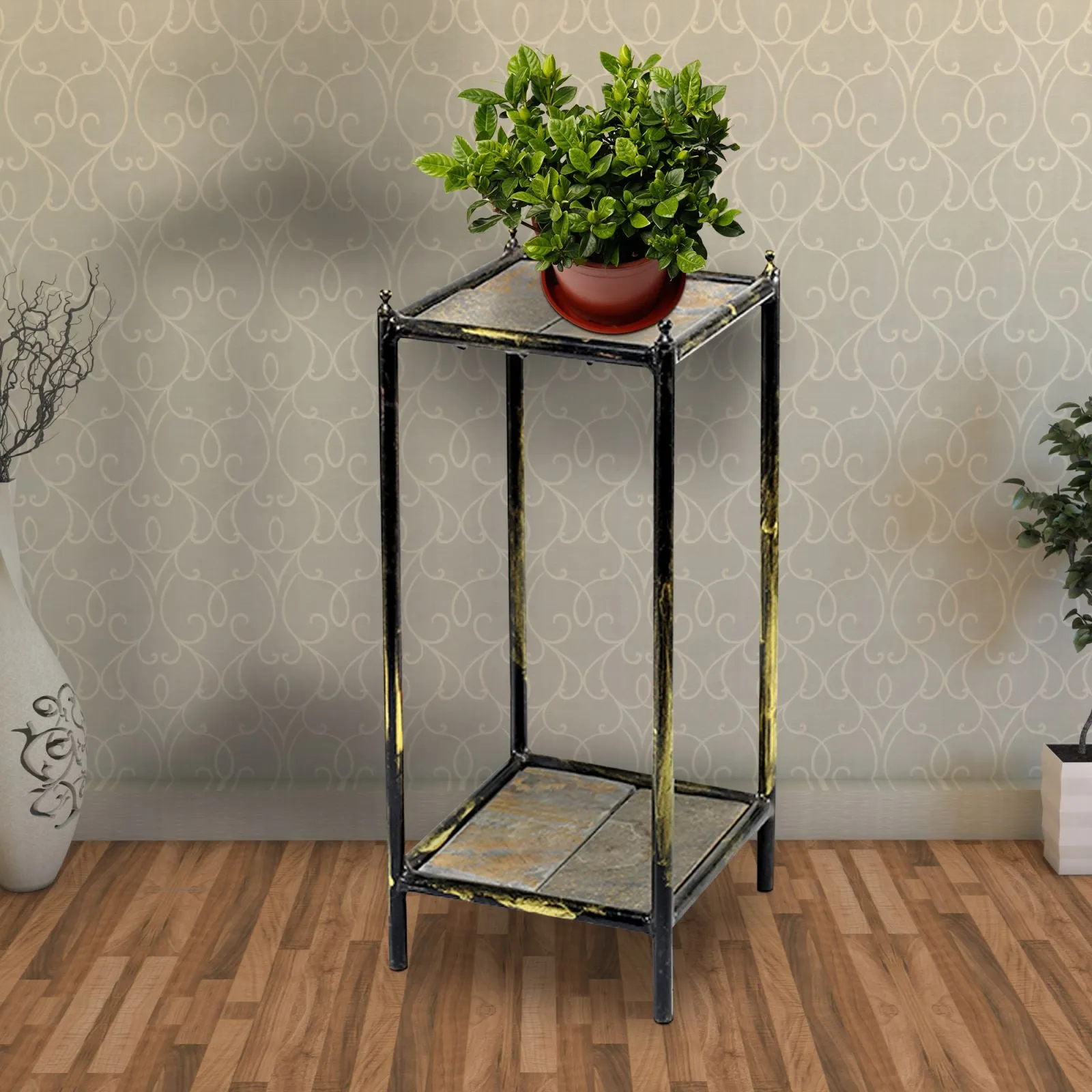 2 Tier Square Stone Top Plant Stand With Metal Frame, Small, Black And Gray By Benzara