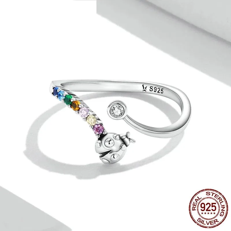 925 Sterling Silver Rainbow Zirconium Ladybug Open-Size Ring for Women