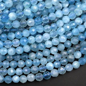 AA Faceted Natural Blue Aquamarine 4mm 5mm 6mm Round Beads Micro Laser Diamond Cut Gemstone 15.5" Strand