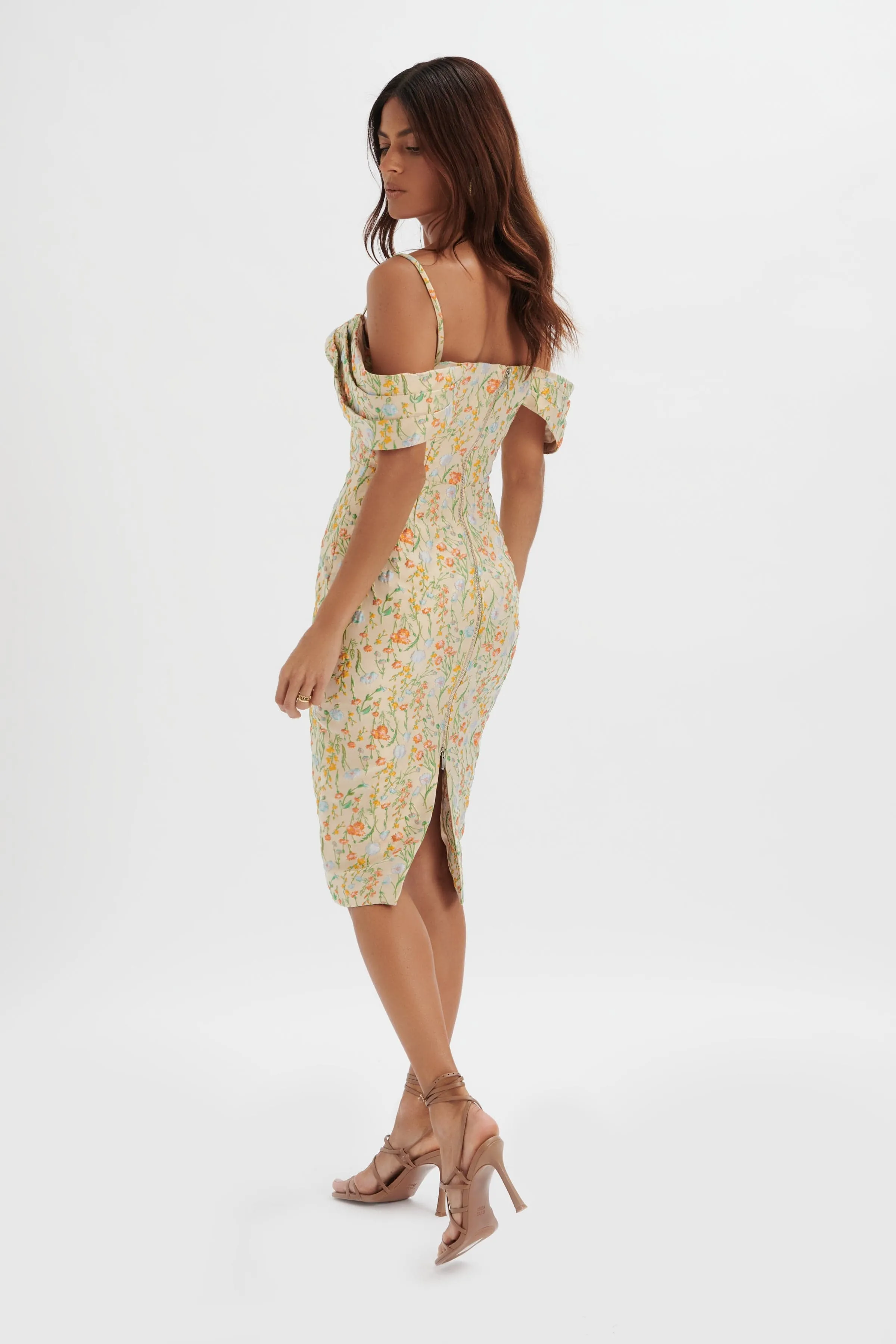 AMIA Bardot Sleeve Midi Dress in Floral Jacquard