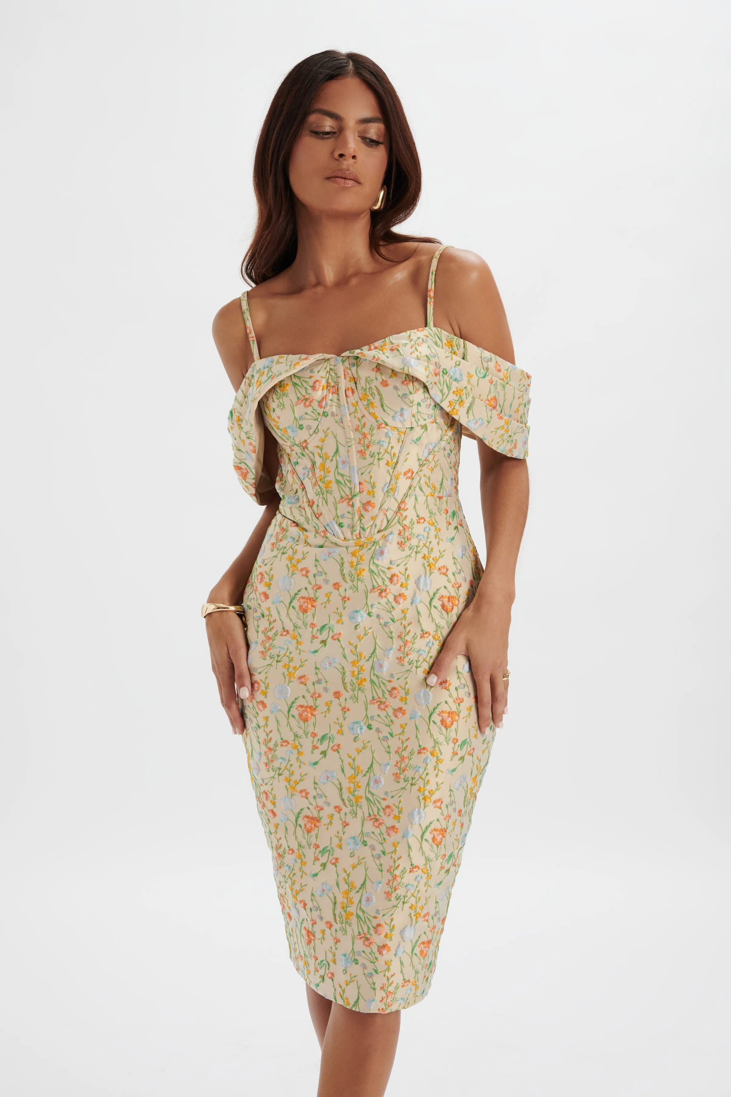 AMIA Bardot Sleeve Midi Dress in Floral Jacquard