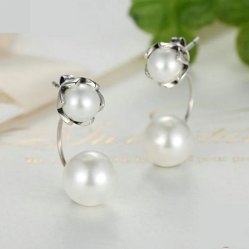 Authentic 925 Sterling Silver Simulated Pearls Special Style Drop Jewelry