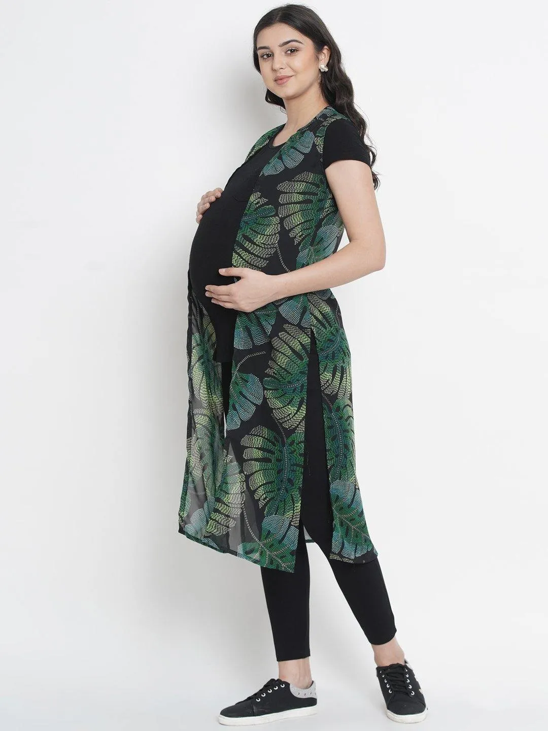 Black A-Line Leaf Print Long Maternity Shrug