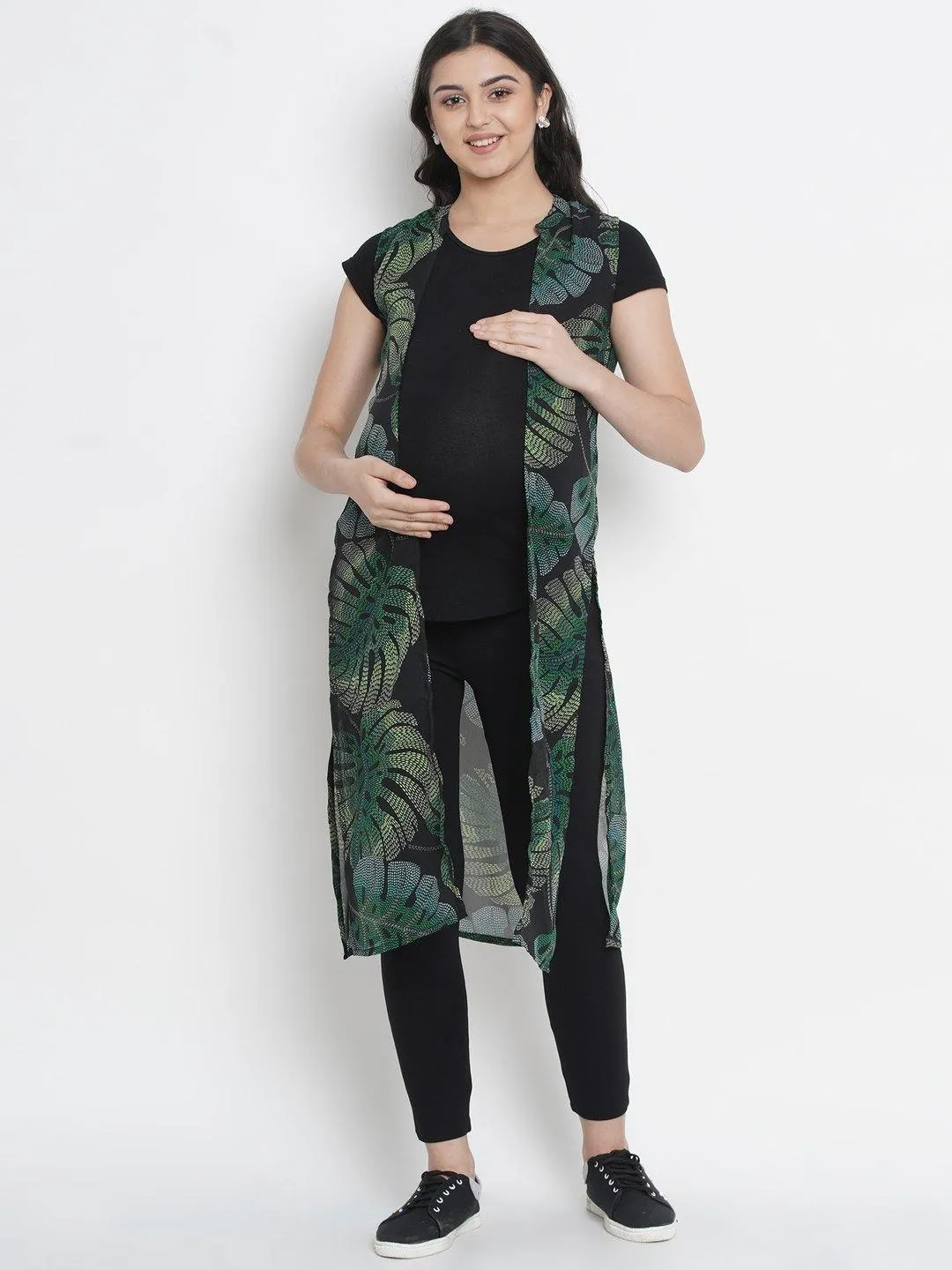 Black A-Line Leaf Print Long Maternity Shrug