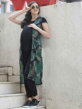 Black A-Line Leaf Print Long Maternity Shrug