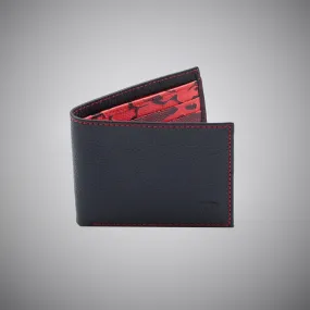 Black Embossed Calf Leather Wallet With Red Stitching And A Red And Black Embossed Leather Interior