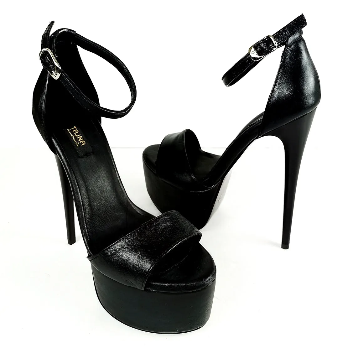 Black Matte Leather Sandal Heels