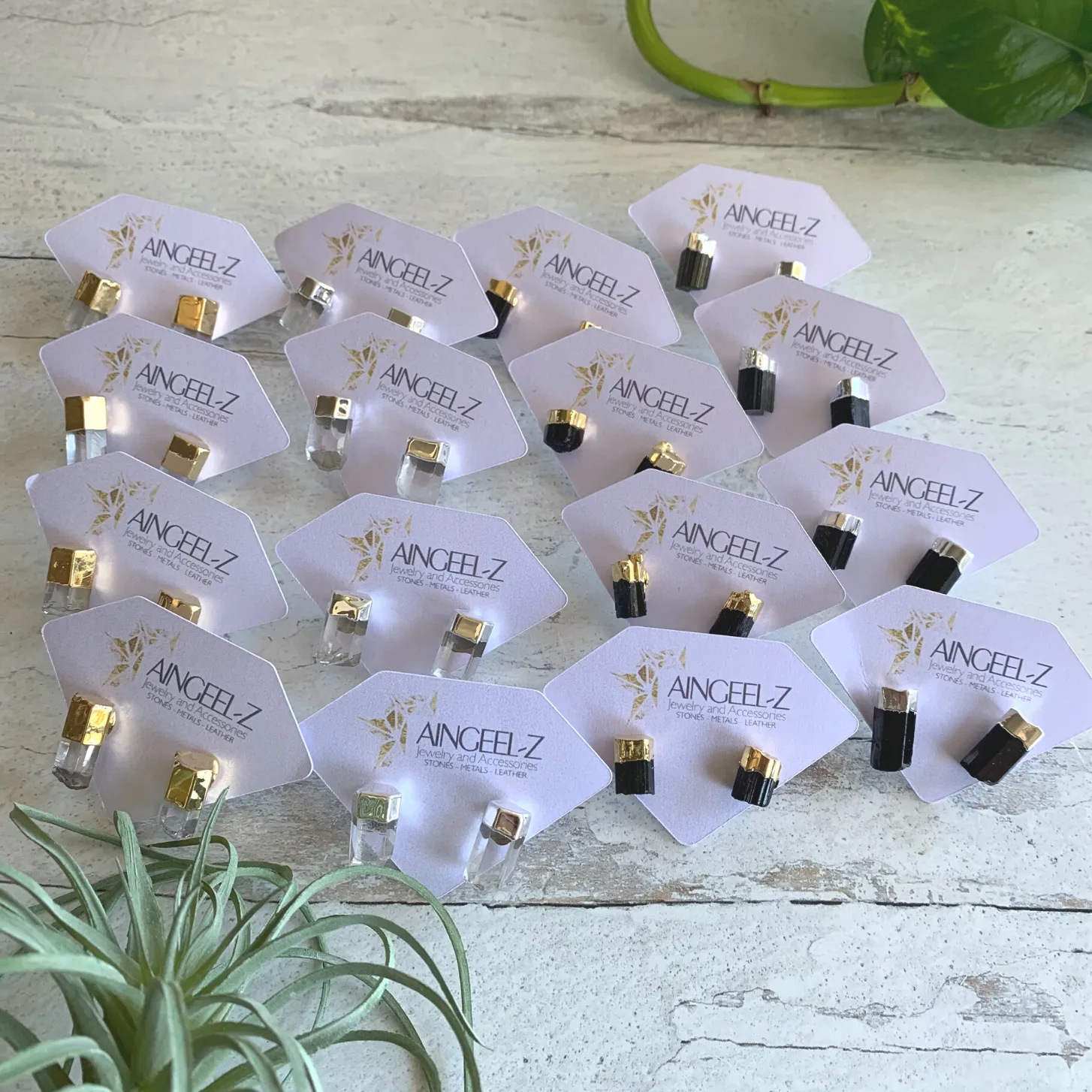 Black Tourmaline Point Stud Earrings in Gold