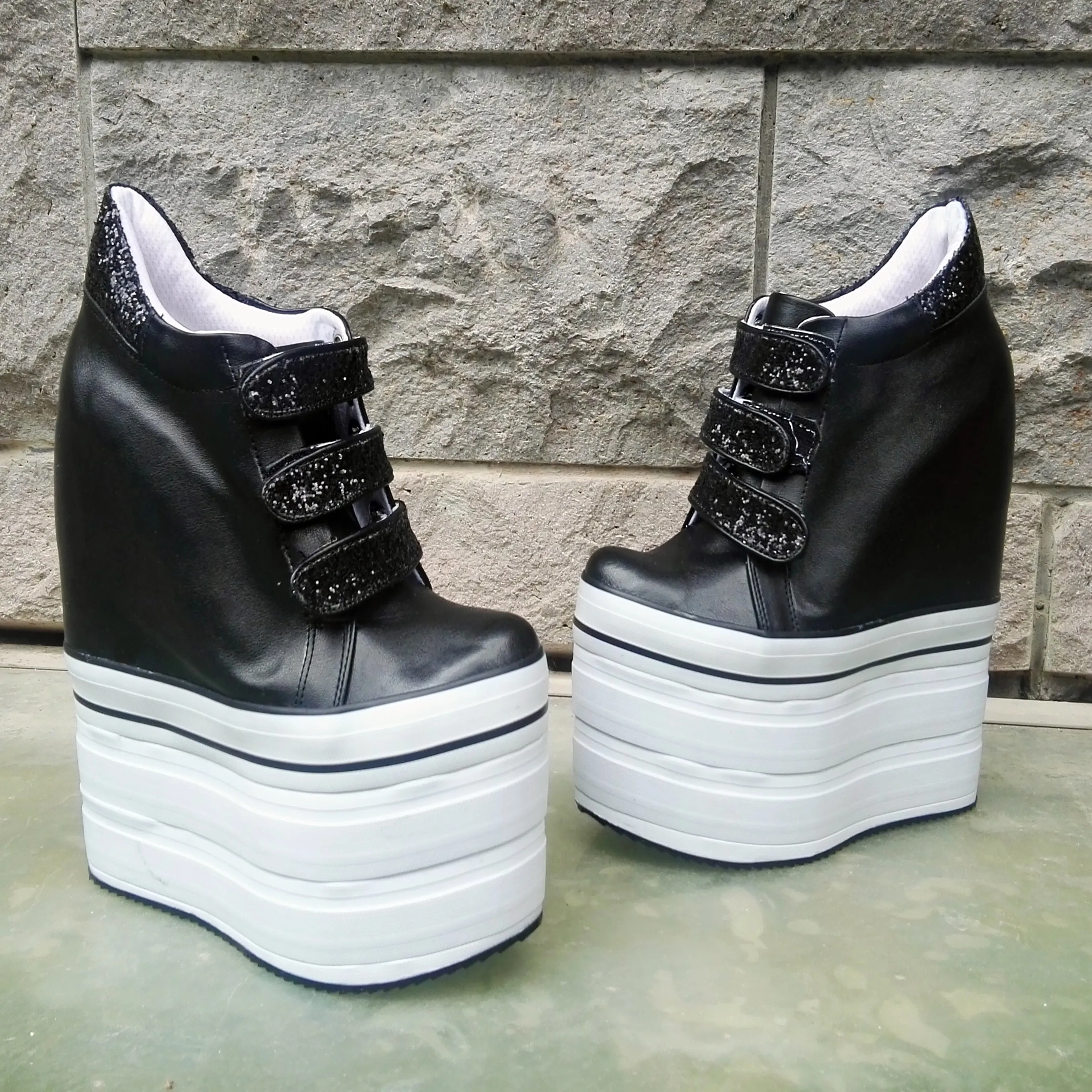 Black White Hook Pile Sport High Heel Wedge Platform Shoes