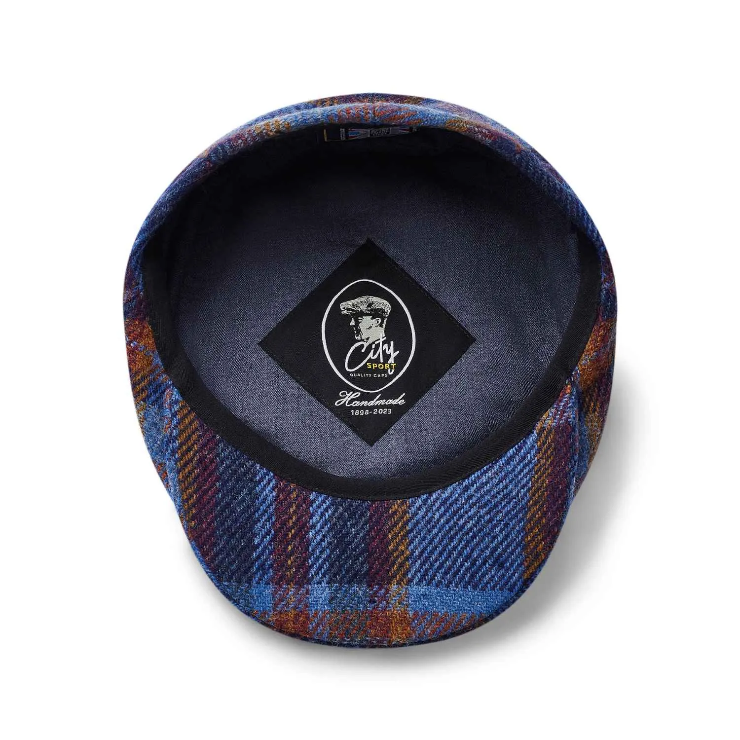 Blue Check Wool Flat Cap by City Sport | Extended Peak