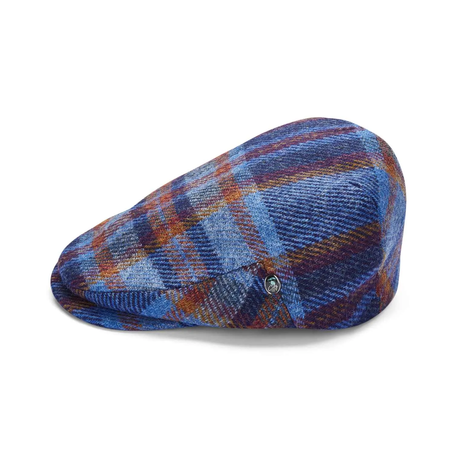 Blue Check Wool Flat Cap by City Sport | Extended Peak