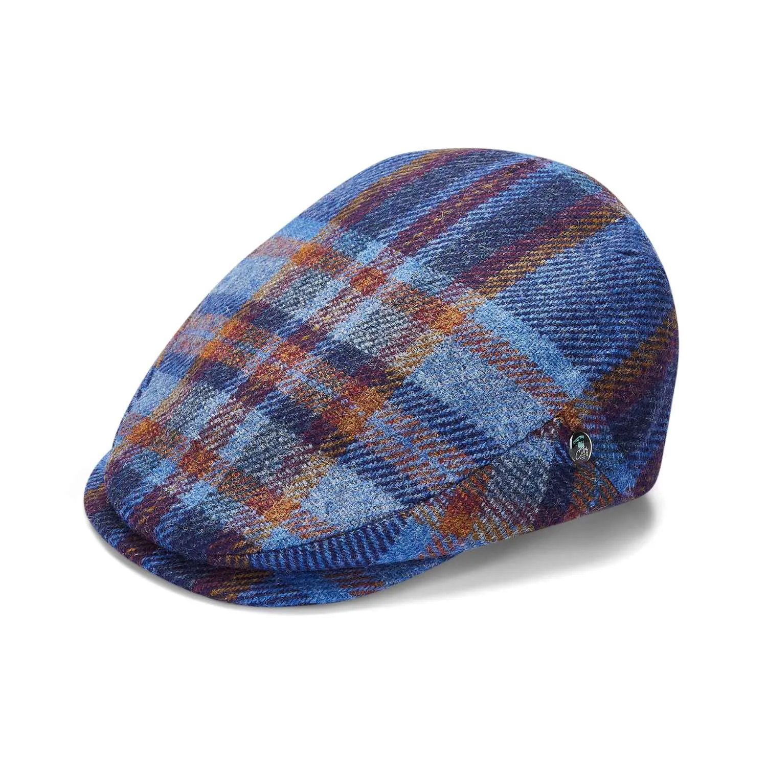 Blue Check Wool Flat Cap by City Sport | Extended Peak