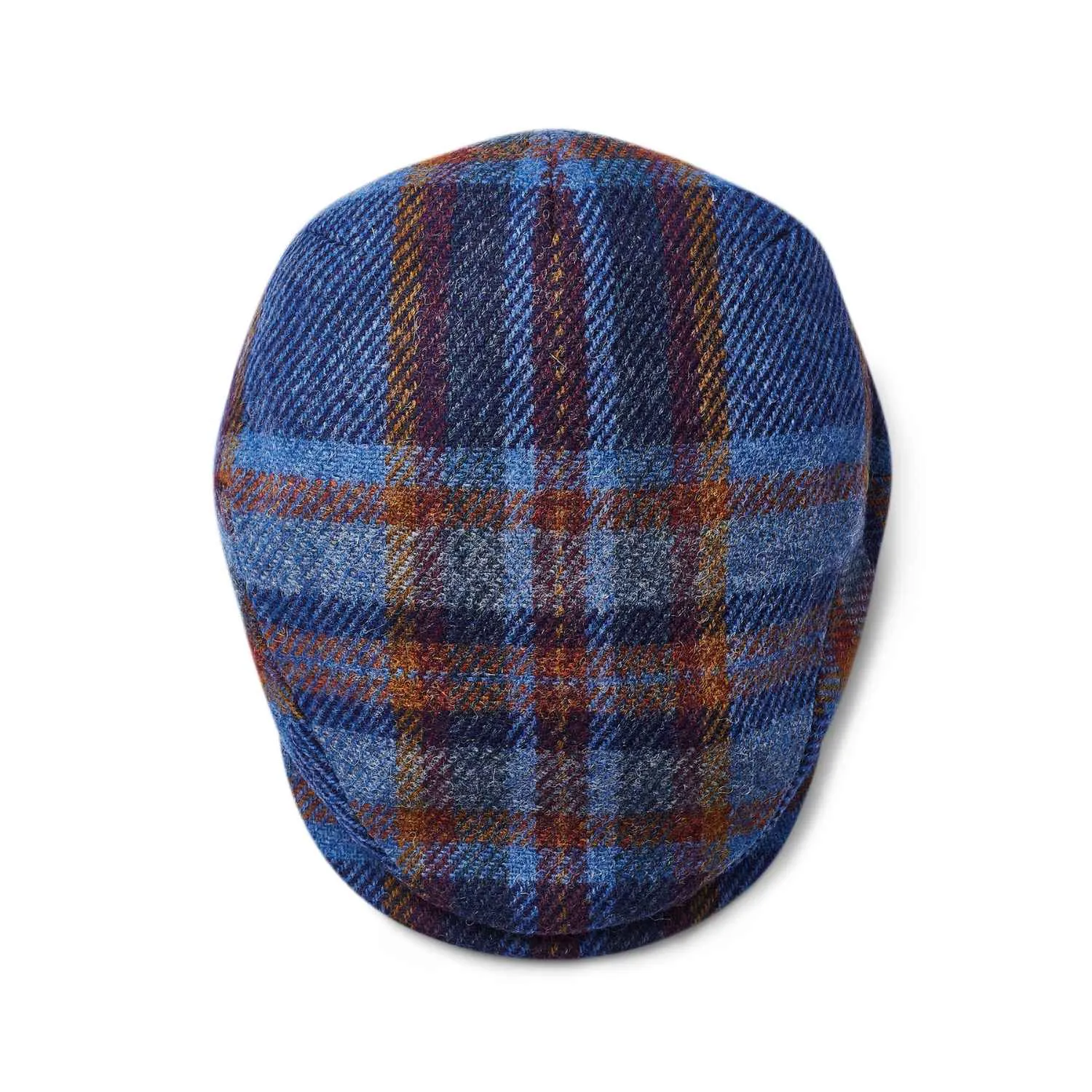 Blue Check Wool Flat Cap by City Sport | Extended Peak