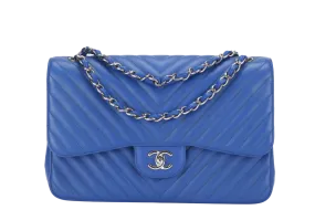 CHANEL CLASSIC DOUBLE FLAP (2247xxxx) JUMBO BLUE CHEVRON CAVIAR LEATHER SILVER HARDWARE, WITH DUST COVER