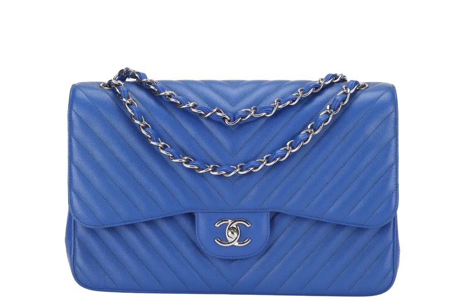 CHANEL CLASSIC DOUBLE FLAP (2247xxxx) JUMBO BLUE CHEVRON CAVIAR LEATHER SILVER HARDWARE, WITH DUST COVER