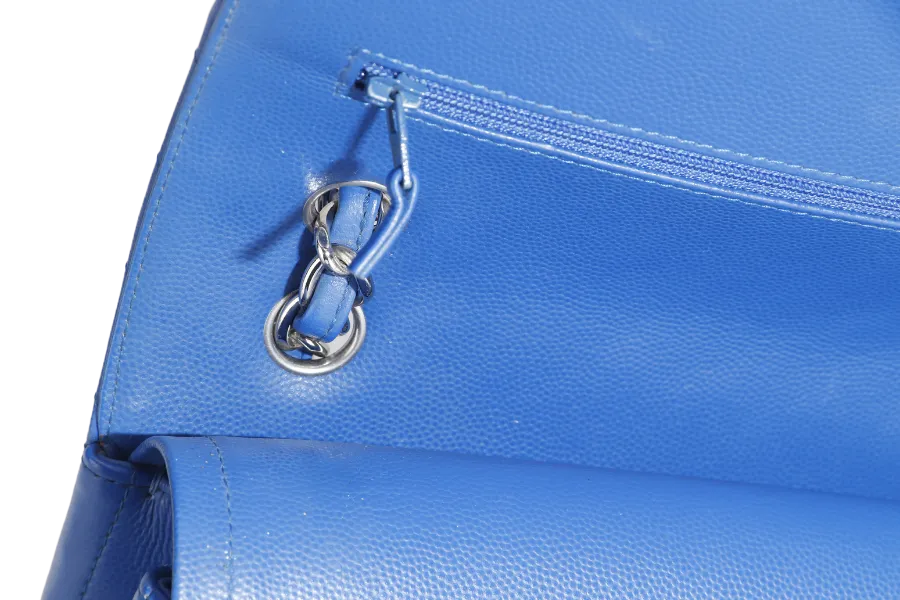 CHANEL CLASSIC DOUBLE FLAP (2247xxxx) JUMBO BLUE CHEVRON CAVIAR LEATHER SILVER HARDWARE, WITH DUST COVER