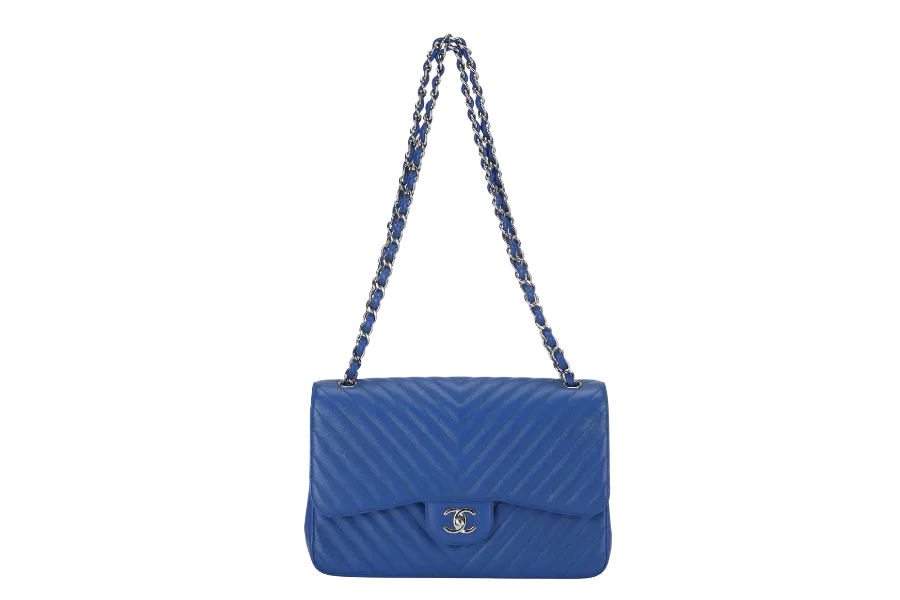 CHANEL CLASSIC DOUBLE FLAP (2247xxxx) JUMBO BLUE CHEVRON CAVIAR LEATHER SILVER HARDWARE, WITH DUST COVER