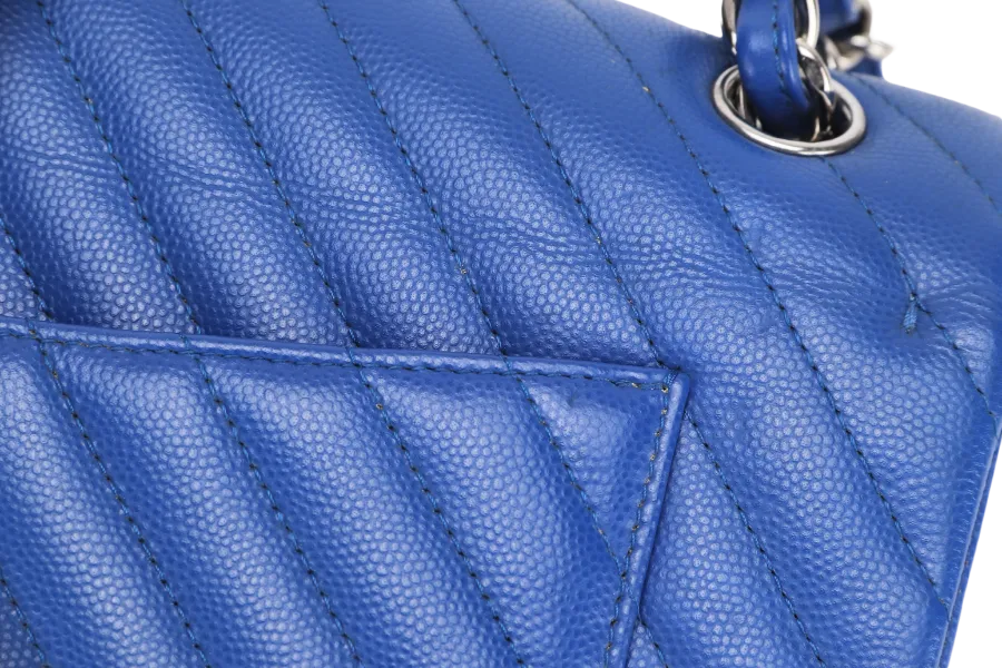 CHANEL CLASSIC DOUBLE FLAP (2247xxxx) JUMBO BLUE CHEVRON CAVIAR LEATHER SILVER HARDWARE, WITH DUST COVER