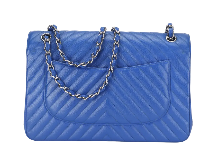 CHANEL CLASSIC DOUBLE FLAP (2247xxxx) JUMBO BLUE CHEVRON CAVIAR LEATHER SILVER HARDWARE, WITH DUST COVER