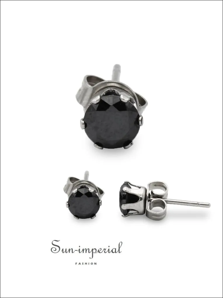 Cubic Zirconia Round Stud Earrings Stainless Steel Black Ear Piercing Jewelry Men Women