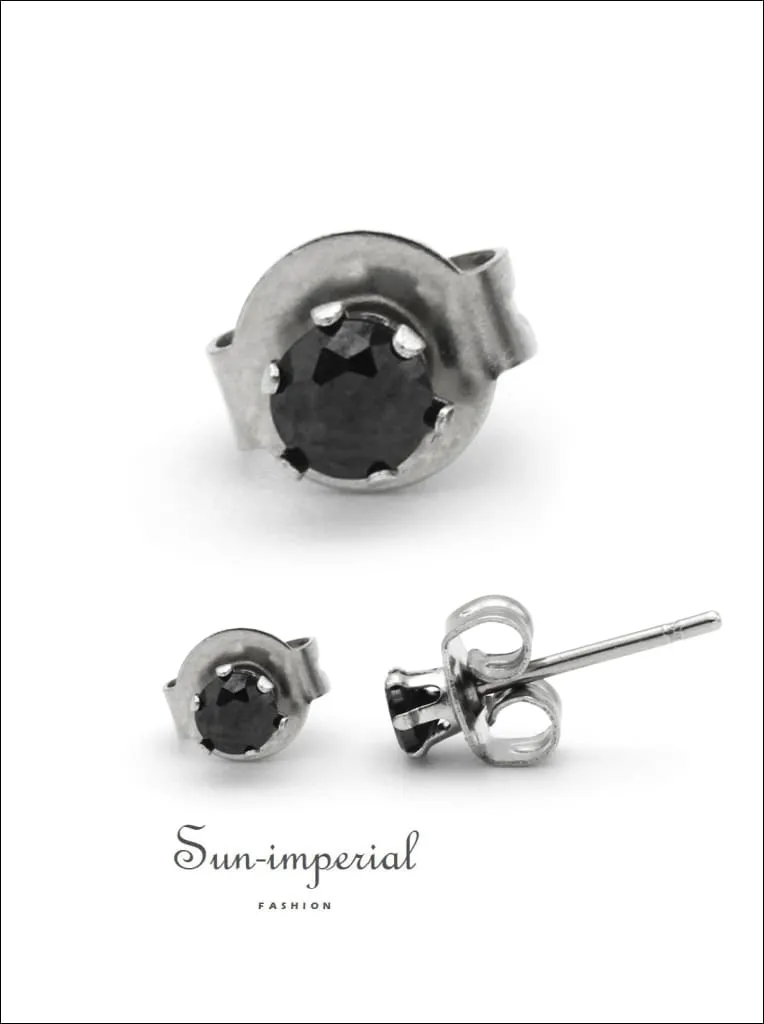 Cubic Zirconia Round Stud Earrings Stainless Steel Black Ear Piercing Jewelry Men Women