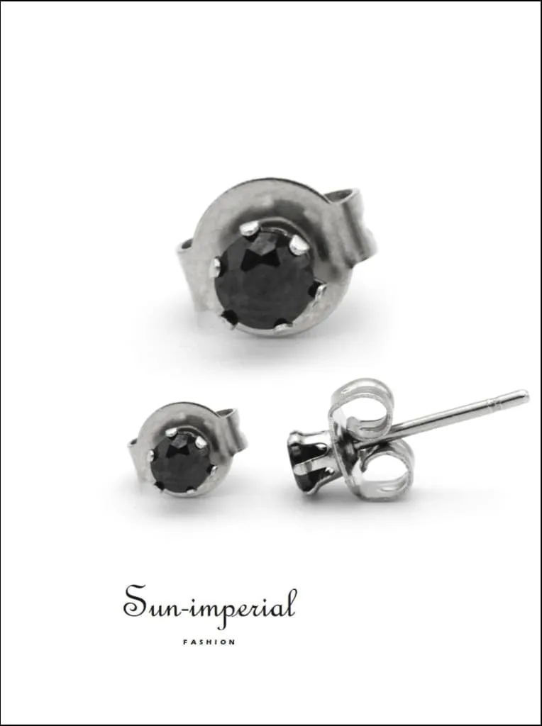 Cubic Zirconia Round Stud Earrings Stainless Steel Black Ear Piercing Jewelry Men Women