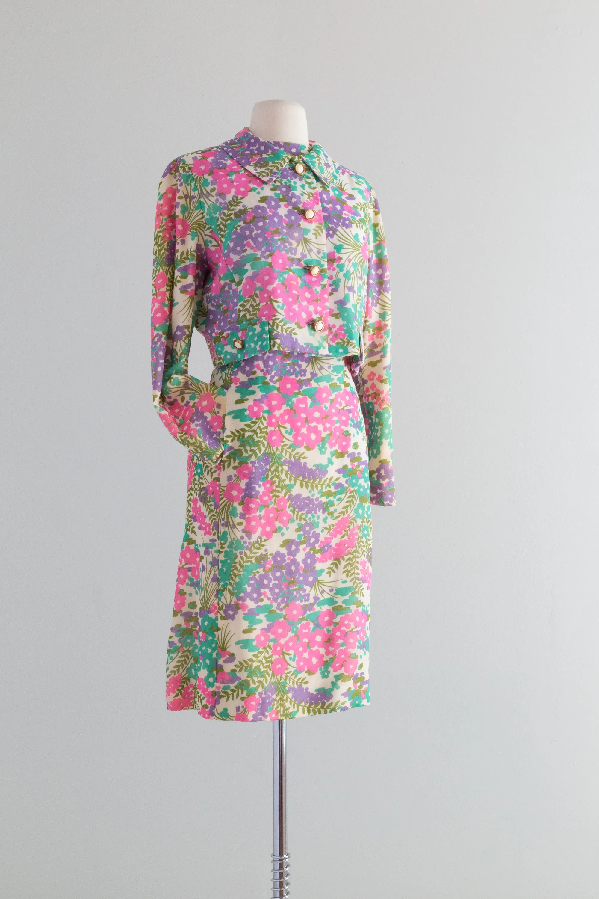 Darling 1960's Floral Print Cotton Shift Dress and Matching Jacket / Waist 28