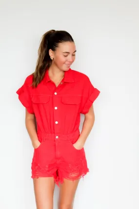 Distressed Hem Romper- Red