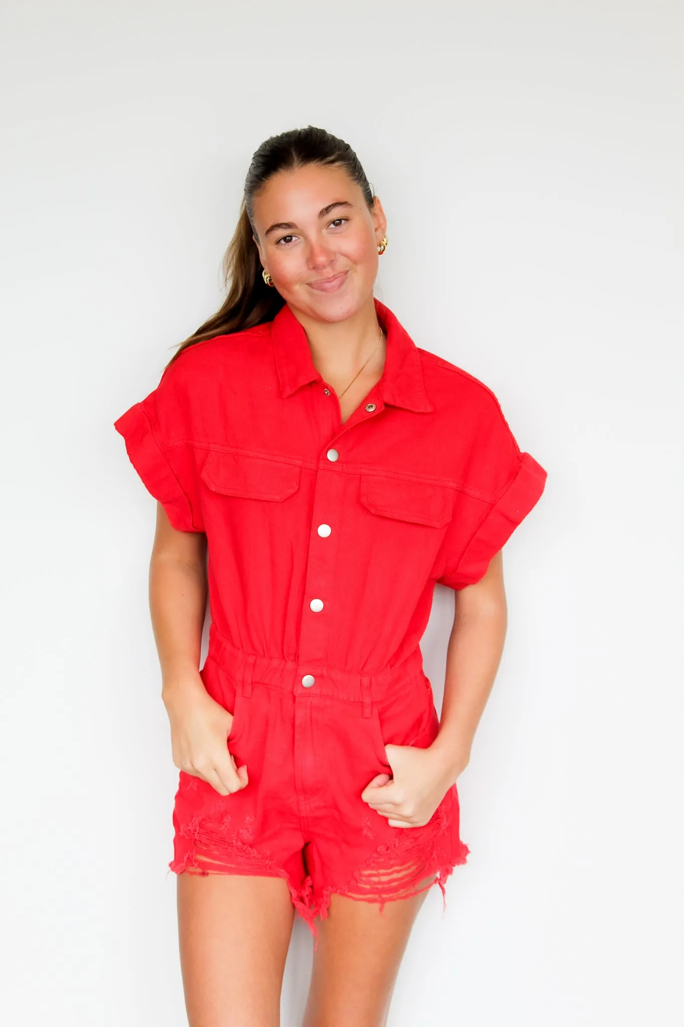 Distressed Hem Romper- Red