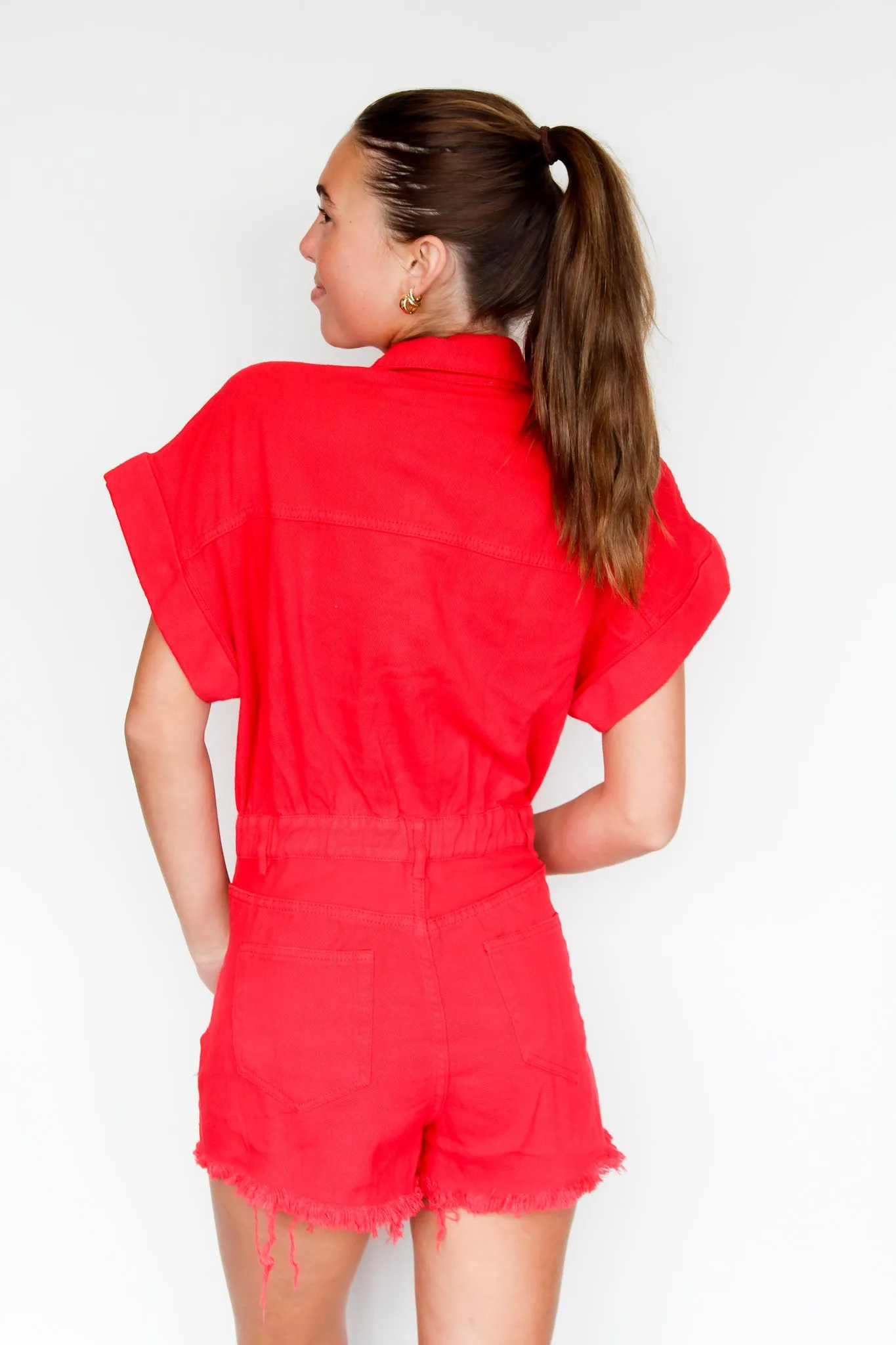 Distressed Hem Romper- Red