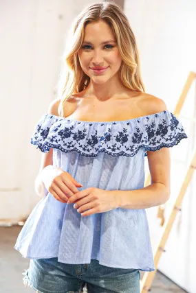 Explore More Collection - Blue/Navy Embroidered Ruffle Off Shoulder Blouse