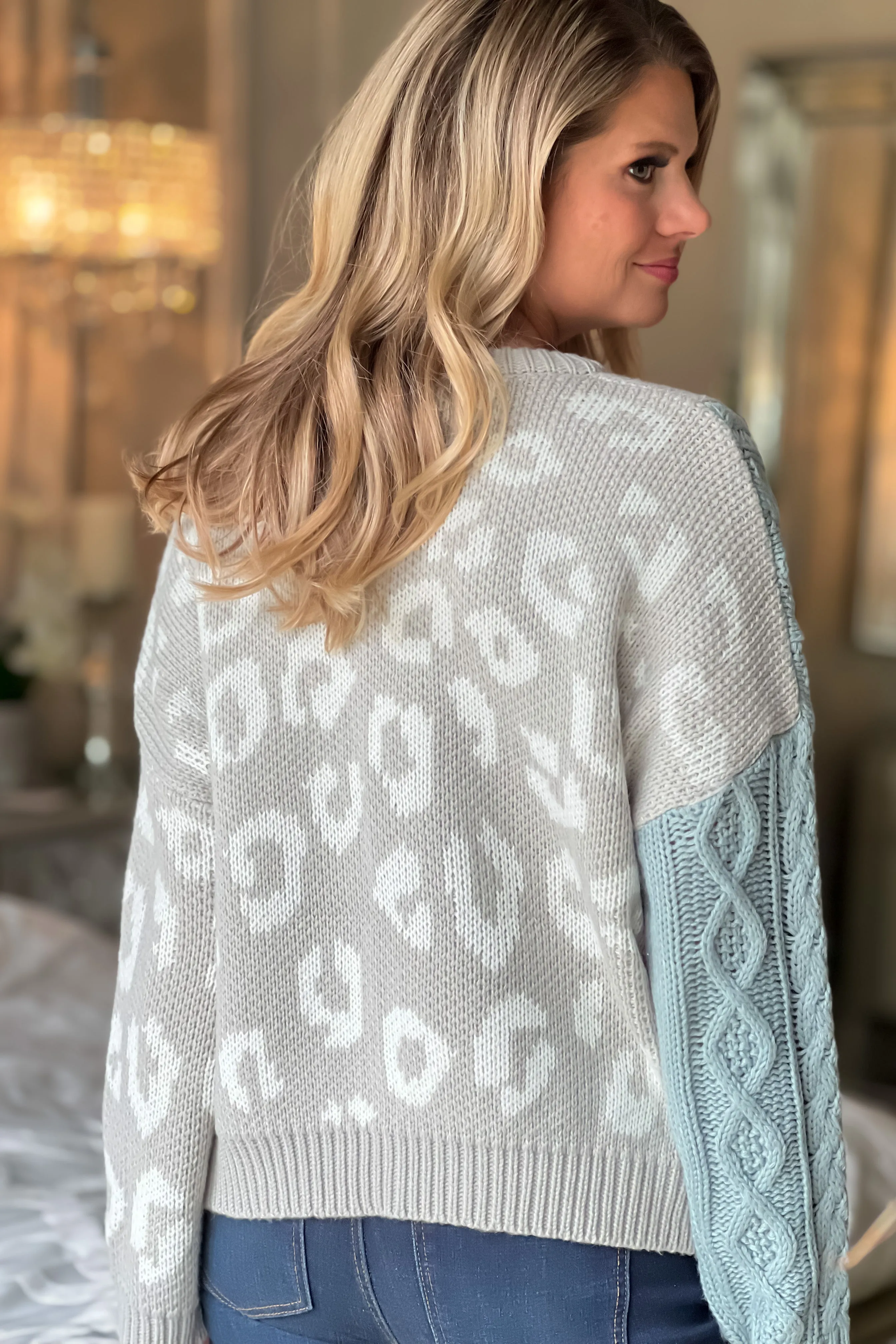 Feeling Frisky Cable Knit Animal Print Sweater : Grey/Ocean Blue