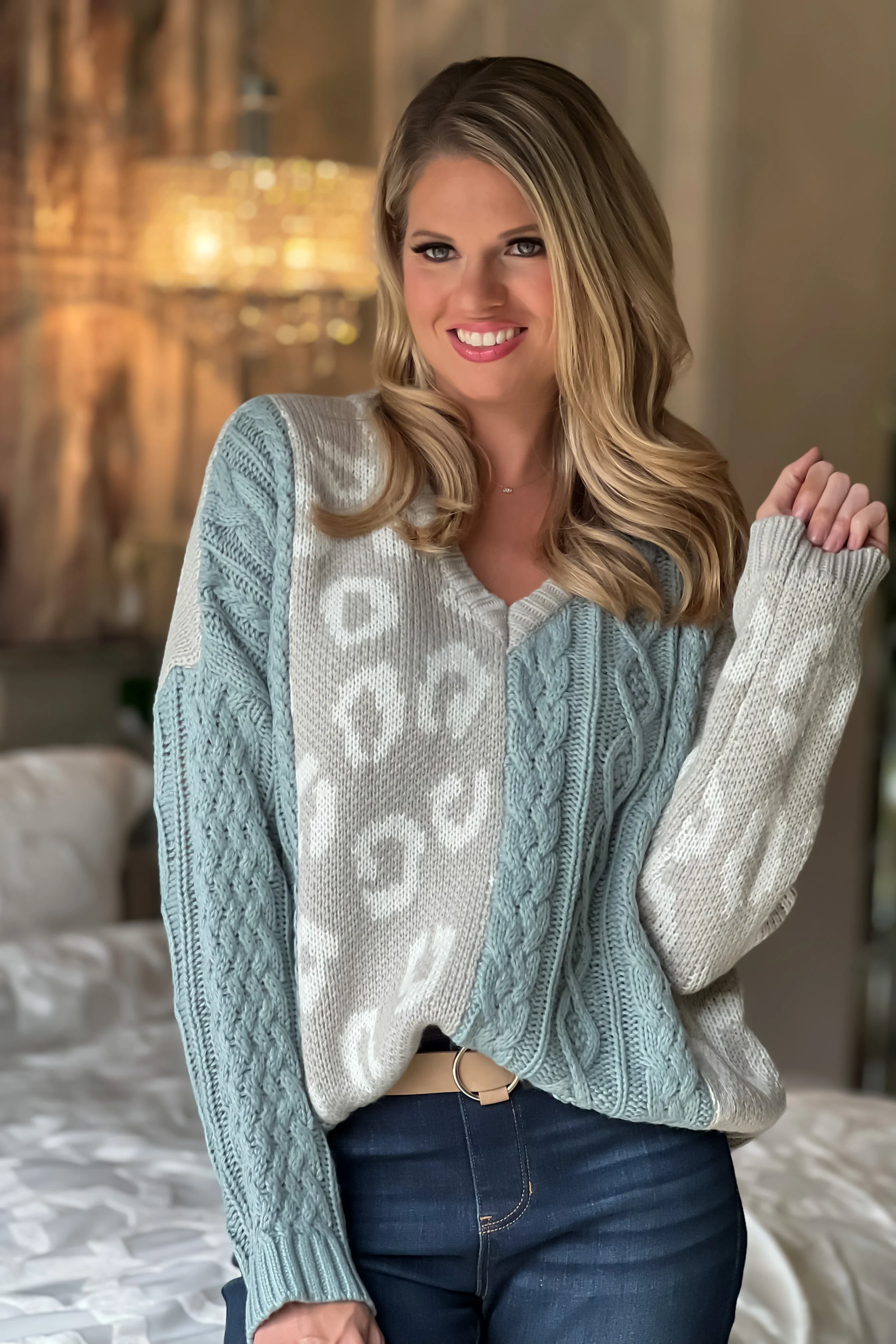 Feeling Frisky Cable Knit Animal Print Sweater : Grey/Ocean Blue