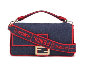 FENDI 8BR771 BAGUETTE LARGE DENIM WITH RED TRIM GOLD HARDWARE, WITH STRAP, HANDLE, CARD & DUST COVER