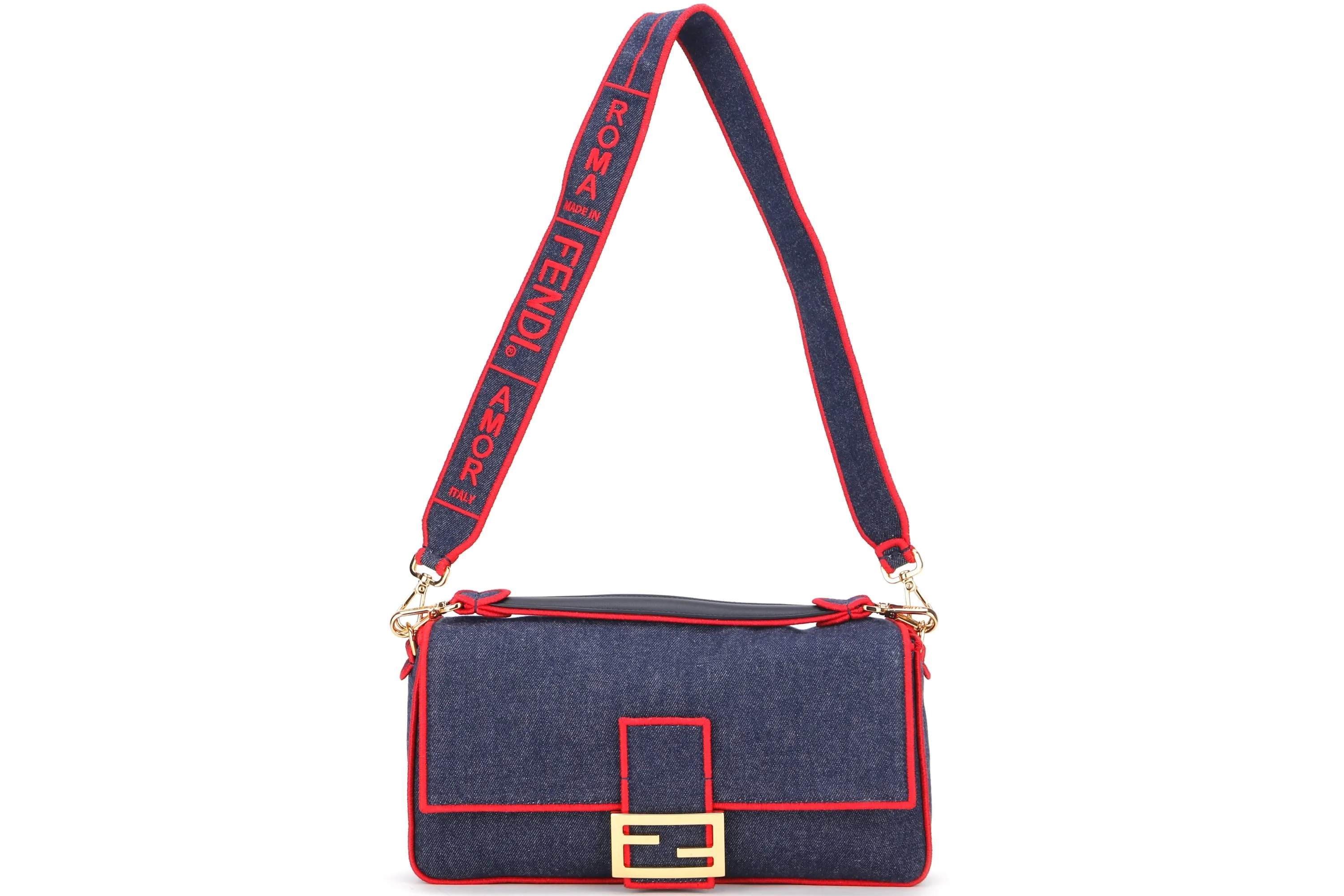 FENDI 8BR771 BAGUETTE LARGE DENIM WITH RED TRIM GOLD HARDWARE, WITH STRAP, HANDLE, CARD & DUST COVER