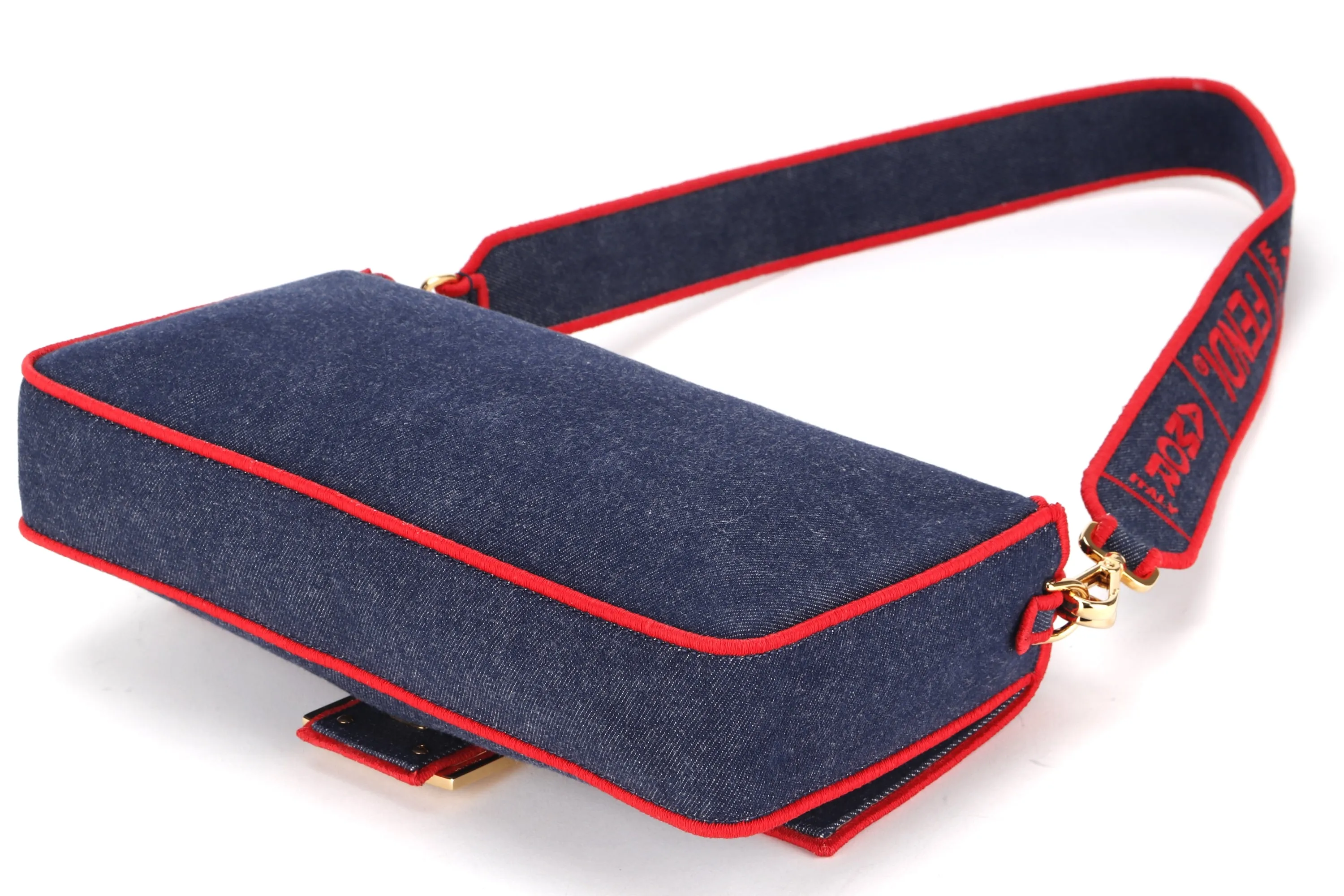 FENDI 8BR771 BAGUETTE LARGE DENIM WITH RED TRIM GOLD HARDWARE, WITH STRAP, HANDLE, CARD & DUST COVER