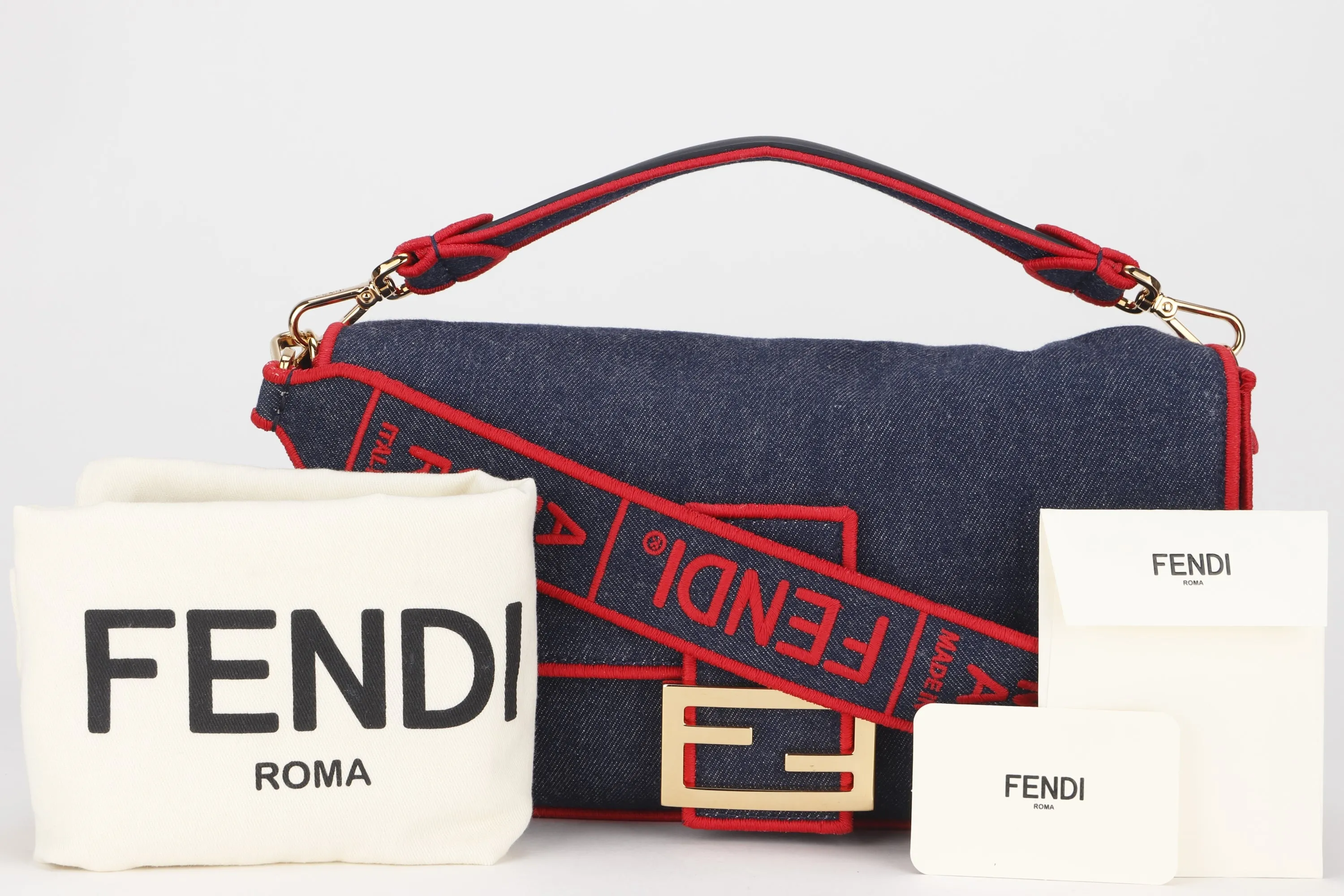 FENDI 8BR771 BAGUETTE LARGE DENIM WITH RED TRIM GOLD HARDWARE, WITH STRAP, HANDLE, CARD & DUST COVER