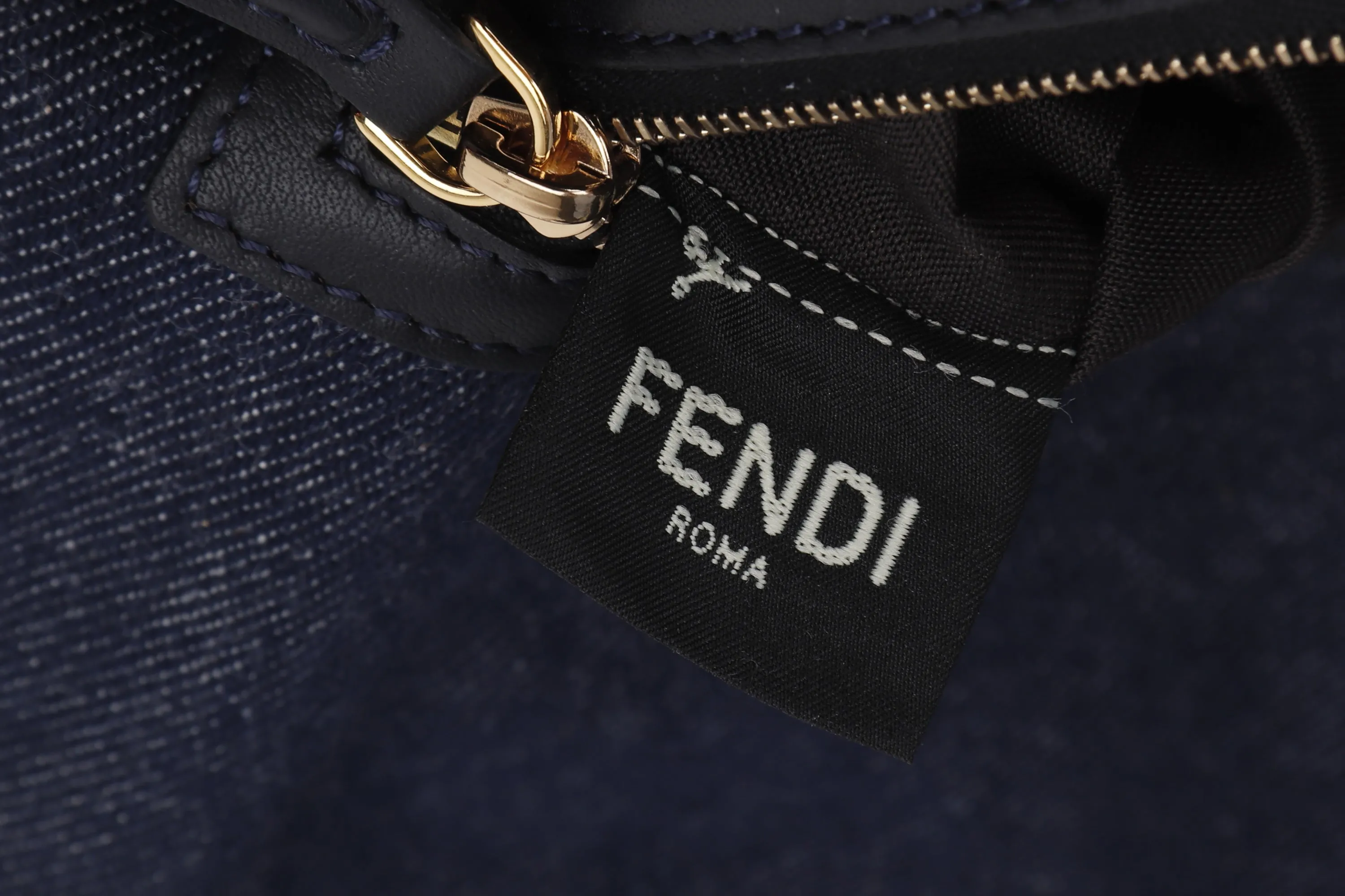 FENDI 8BR771 BAGUETTE LARGE DENIM WITH RED TRIM GOLD HARDWARE, WITH STRAP, HANDLE, CARD & DUST COVER