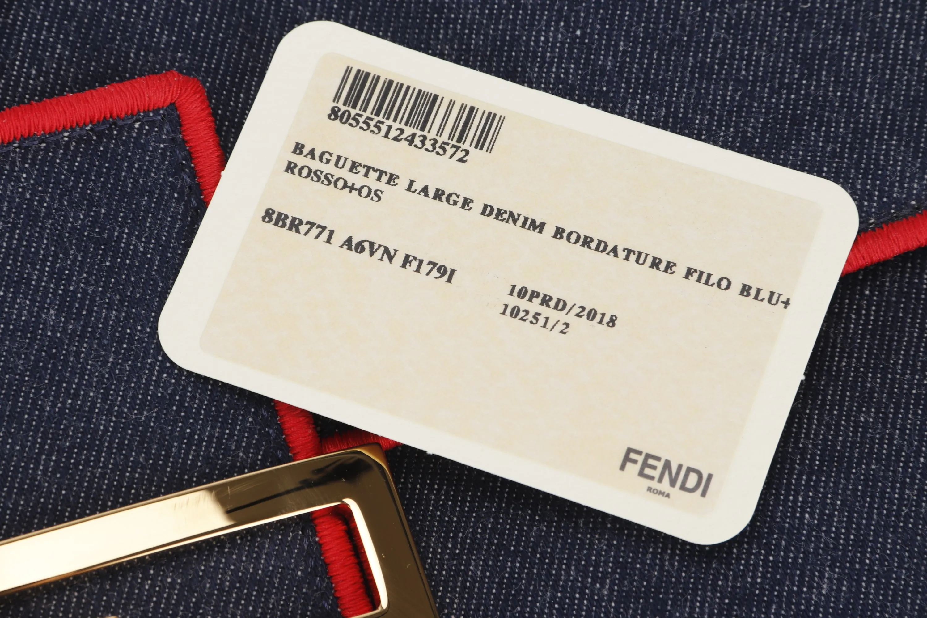 FENDI 8BR771 BAGUETTE LARGE DENIM WITH RED TRIM GOLD HARDWARE, WITH STRAP, HANDLE, CARD & DUST COVER