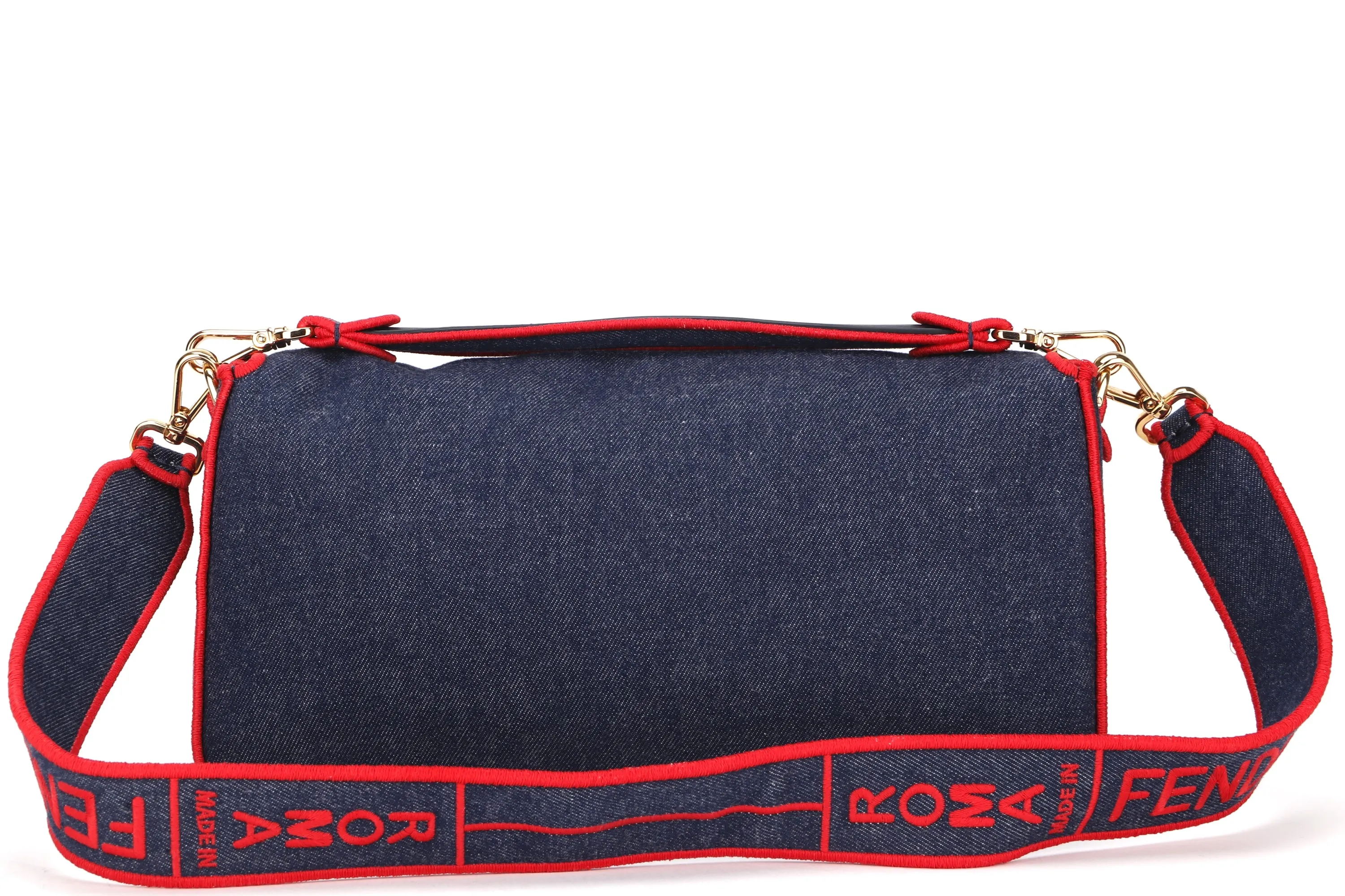 FENDI 8BR771 BAGUETTE LARGE DENIM WITH RED TRIM GOLD HARDWARE, WITH STRAP, HANDLE, CARD & DUST COVER