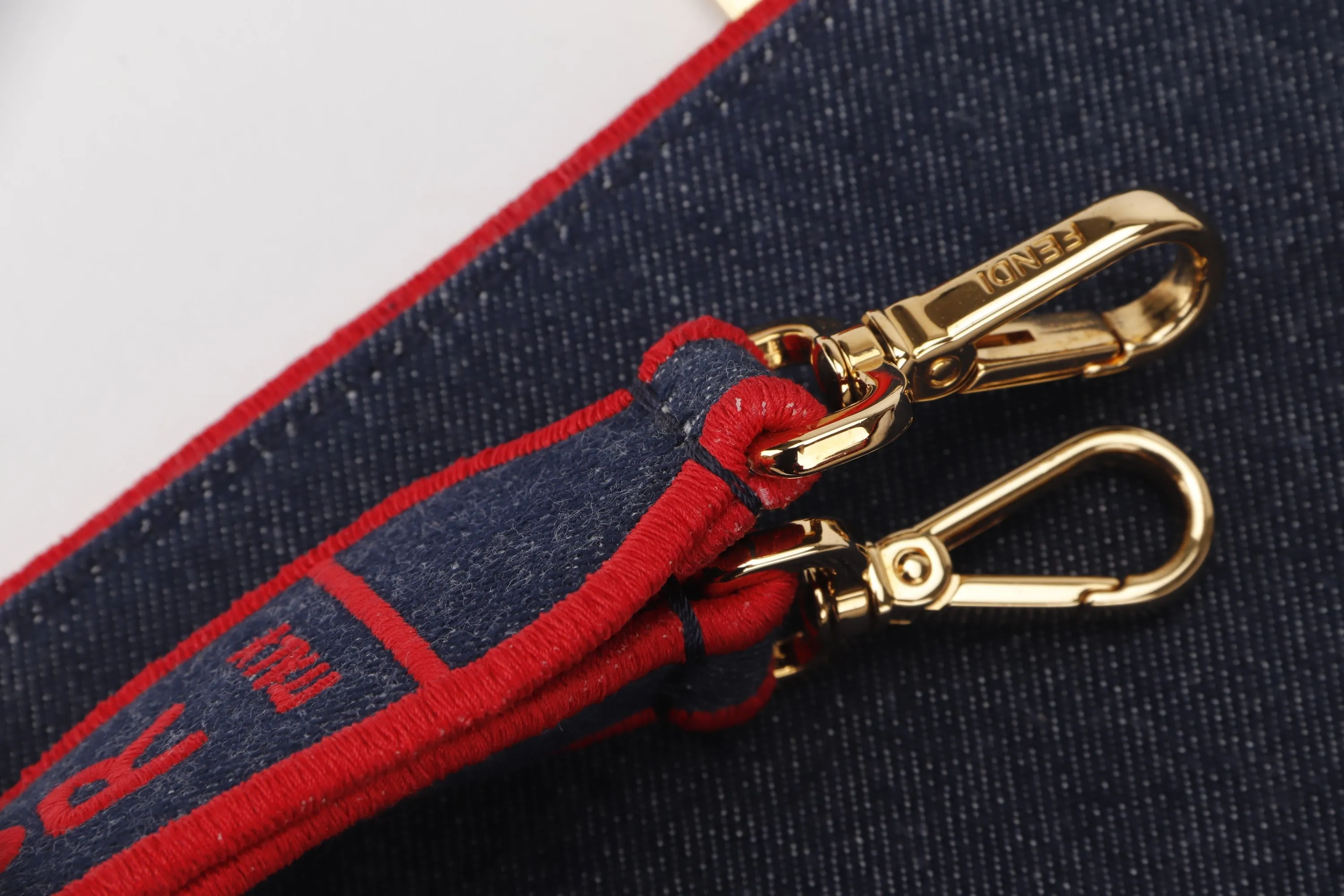 FENDI 8BR771 BAGUETTE LARGE DENIM WITH RED TRIM GOLD HARDWARE, WITH STRAP, HANDLE, CARD & DUST COVER