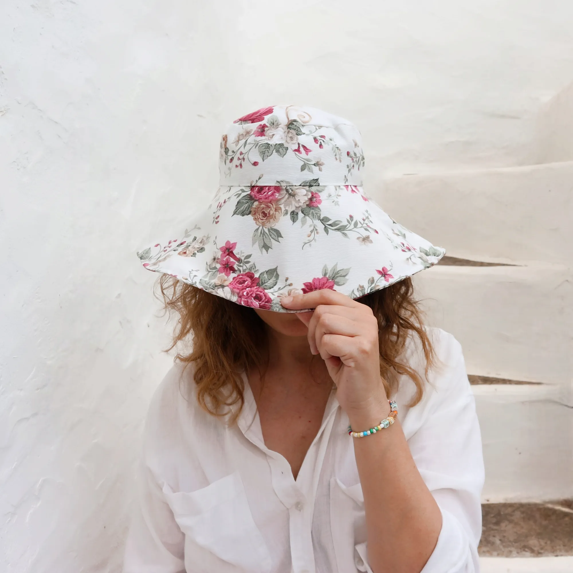 Floral Print Wide Brim Hat - Red