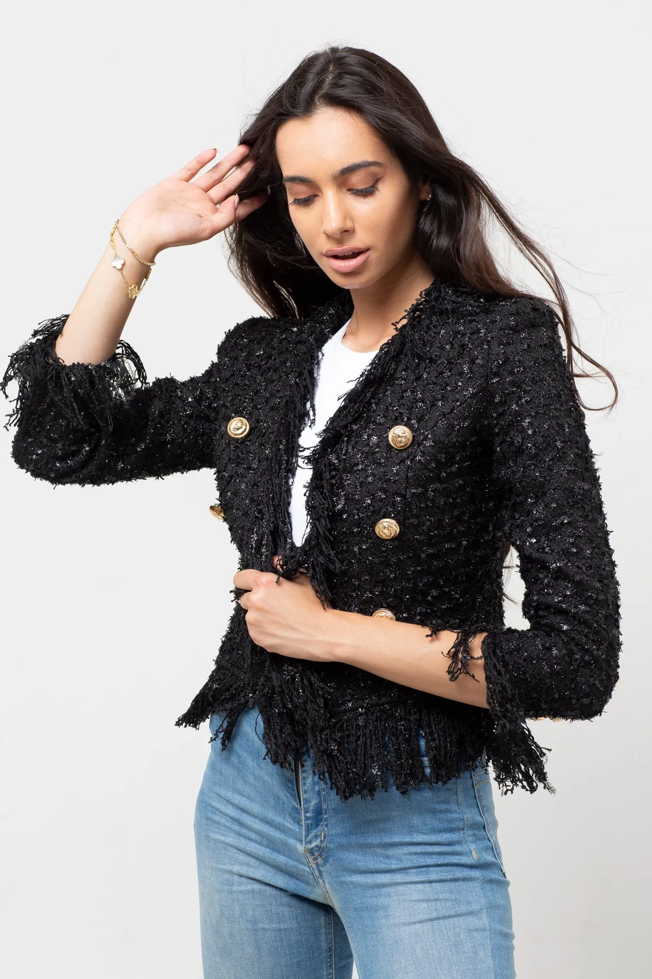 FRINGED TWEED CARDIGAN BLACK